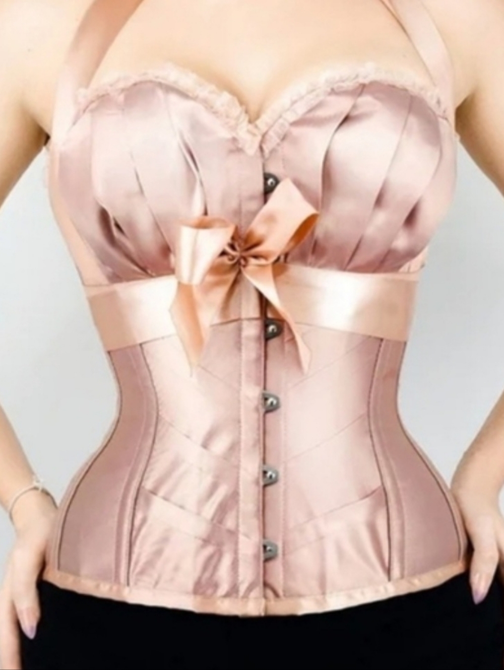 Satin Overbust Corset Waist Cincher with Bow - Blush